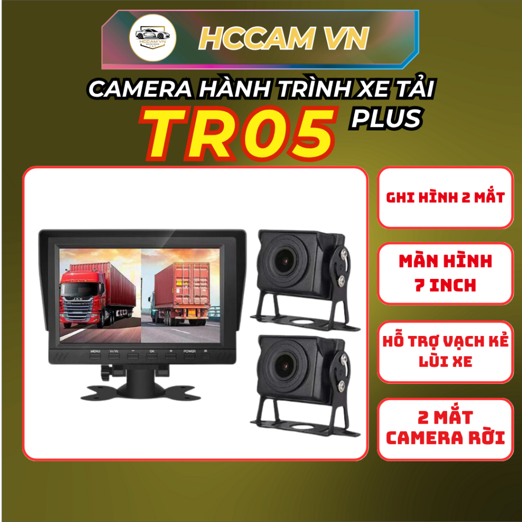  Camera hành trình xe tải  HCCAM TR05 Plus ghi hình 2 mắt cam sắc nét chống nước có hồng ngoại tích hợp cam lùi 