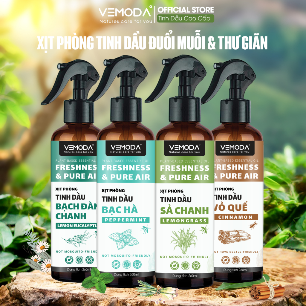 Xịt thơm phòng tinh dầu Sả chanh Vemoda khử mùi thơm phòng, hỗ trợ đuổi muỗi côn trùng