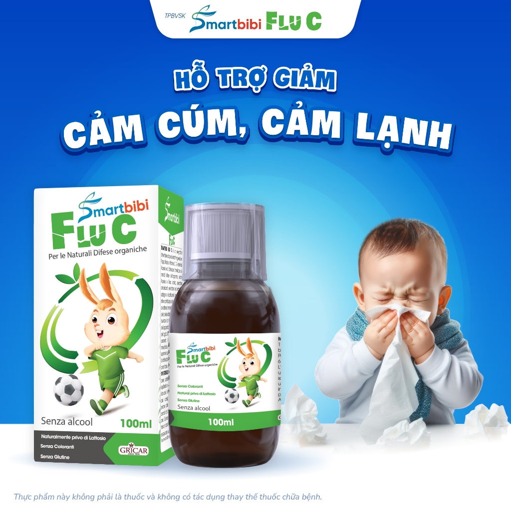 Siro Cảm Cúm Smartbibi Flu C Giúp Giảm Đau Rát Họng, Viêm Họng Do Cảm Lạnh, Cảm Cúm Cho Bé TPBVSK 100ml