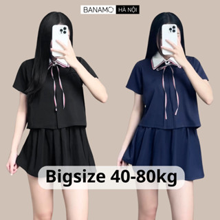 Set đồ Preppy nữ BIGSIZE Banamo Hà Nội áo cổ nơ học đường phối chân váy phong cách trẻ trung năng động 1008