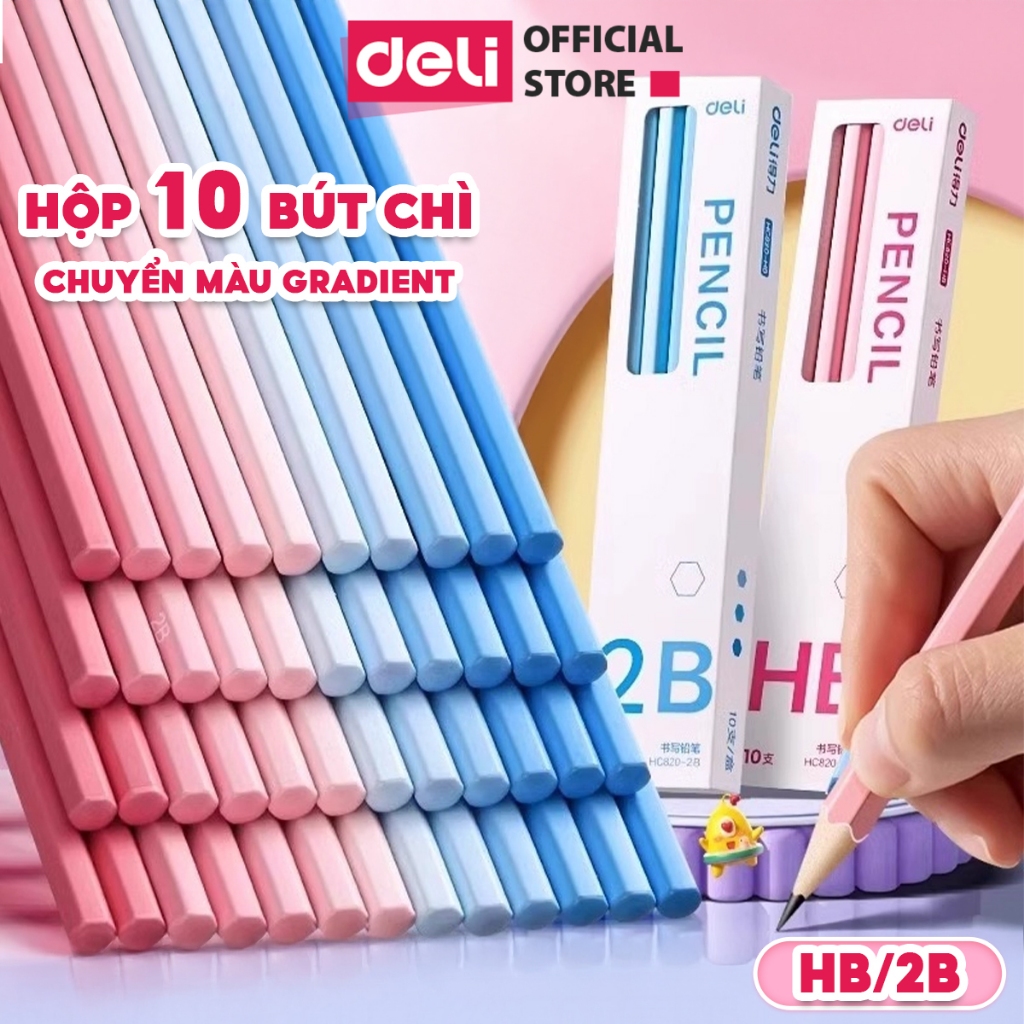 Hộp 10 Bút Chì Gỗ 2B HB Deli Thiết Kế Chuyển Màu Gradient Xinh Xắn - Dễ Tẩy Xóa An Toàn Tập Viết Học Sinh