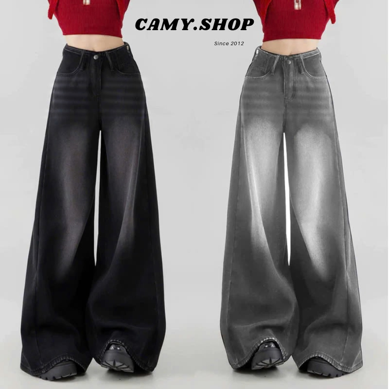 Quần jeans ống rộng suông Unisex CAMY Cạp Cao Tôn Dáng màu Đen Wash, Quần bò jean Ống suông siêu tôn dáng Calem.Club