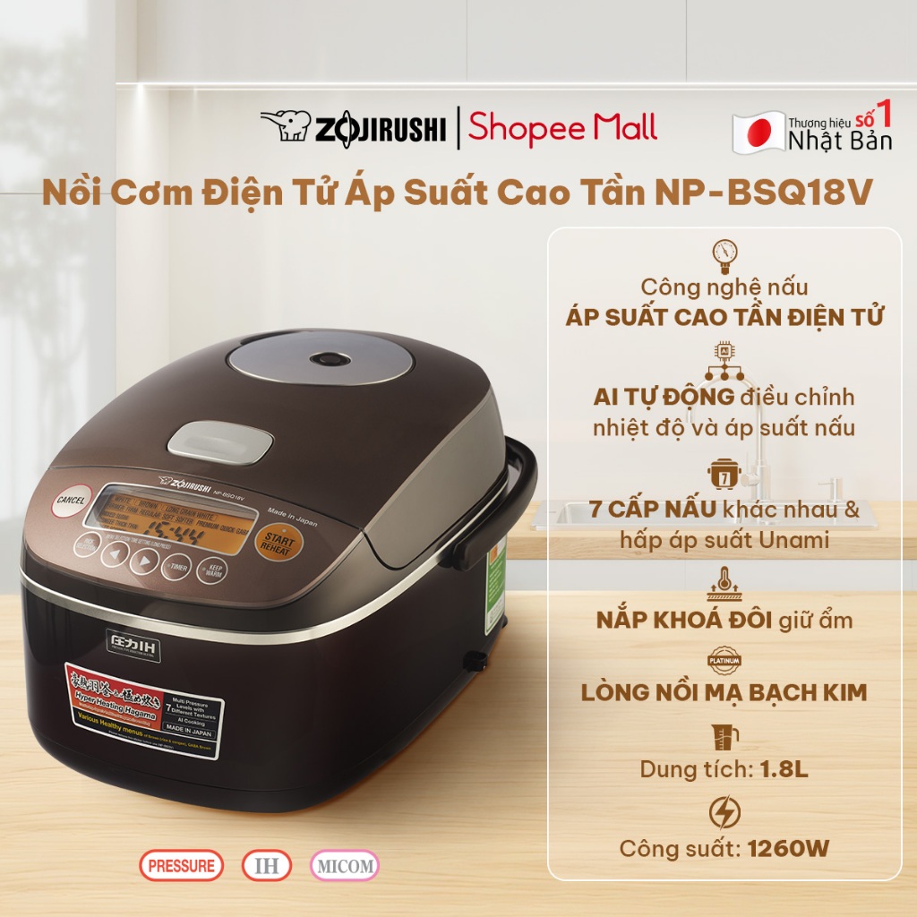 Nồi Cơm Điện Áp Suất Cao Tần Zojirushi Cao Cấp - Hệ Thống AI Thông Minh, Dung tích 1.8L, Chất Lượng 