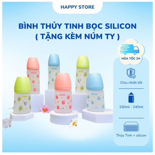  Bình sữa thủy tinh Jubon bọc silicon cho bé sơ sinh 150ml 240ml không BPA chịu nhiệt cao 