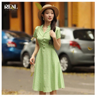 Đầm lụa hoa tay ngắn dáng xòe hoa xanh Summer REAL CLOTHES, mềm mát, CÓ TÚI, có lót, ít nhăn