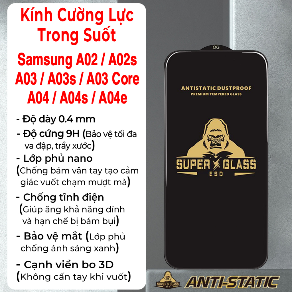 Kính cường lực Samsung A02/A02s / A03/A03s/A03 Core / A04/A04e/A04s.Cường lực kingkong full màn