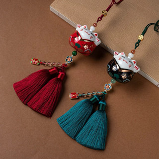 (SẴN) Dây treo xe hơi mèo thần tài may mắn gốm sứ - Dây tua rua trang trí ô tô, khánh treo bình an