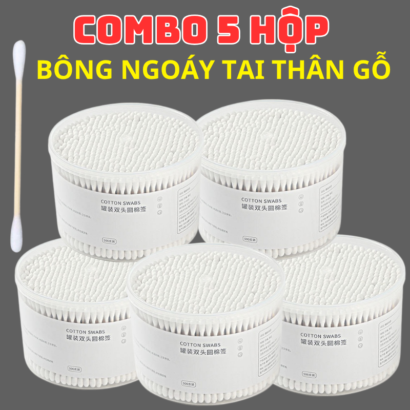Combo 5 Hộp tăm bông ngoáy tai thân gỗ tre mềm mại thân thiện với môi trường
