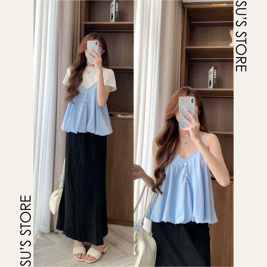 Set Yếm Nữ 2 Dây Dáng Bí Cúc Dọc Kèm Áo Thun Trơn (Có Bán Lẻ Yếm) Su Chang S807 Thời Trang Nữ | BigBuy360 - bigbuy360.vn