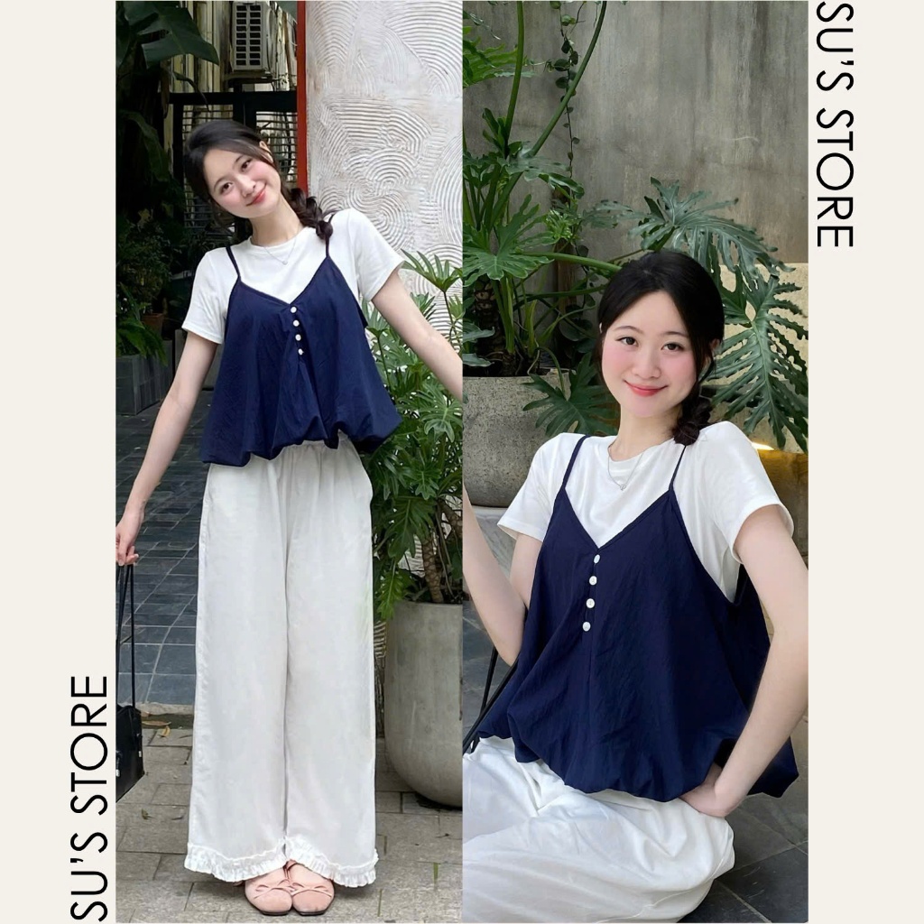 Set Yếm Nữ 2 Dây Dáng Bí Cúc Dọc Kèm Áo Thun Trơn (Có Bán Lẻ Yếm) Su Chang S807 Thời Trang Nữ | BigBuy360 - bigbuy360.vn