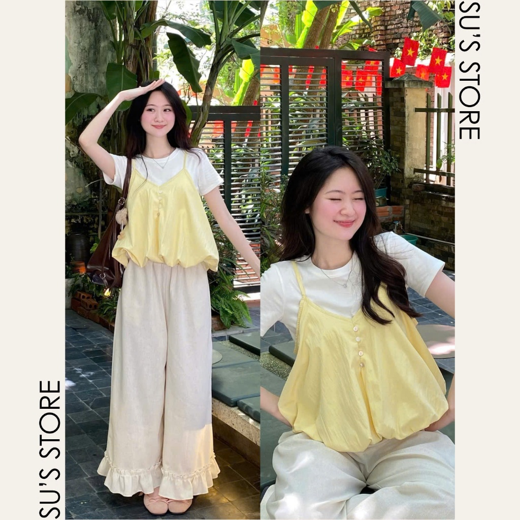 Set Yếm Nữ 2 Dây Dáng Bí Cúc Dọc Kèm Áo Thun Trơn (Có Bán Lẻ Yếm) Su Chang S807 Thời Trang Nữ | BigBuy360 - bigbuy360.vn