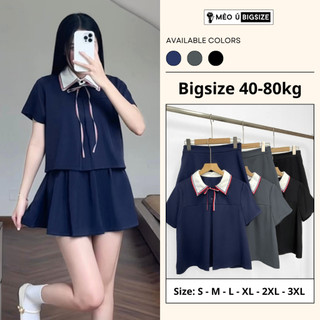  Set đồ nữ BIGSIZE Mèo Ú áo nữ chéo hàn cổ nơ phối viền kèm chân váy chun sau có quần bảo hộ 1008 