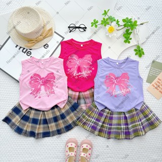 Set áo thun SÁT NÁCH in hình nơ kèm váy caro vải kate bé gái 14-33kg thời trang Hàn Quốc dễ thương - Nemokids