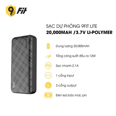 Sạc dự phòng 9FIT Lite 20,000mAh /3.7V Li-Polymer - 9PL20K03B, hỗ trợ sạc nhanh - Hàng chính hãng