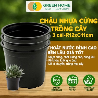 Bộ 3 Chậu Trồng Cây GreenHome, 12x11cm, Nhựa Cứng, Thoát Nước Tốt, Nhiều Kích Thước Trồng Cây, Hoa
