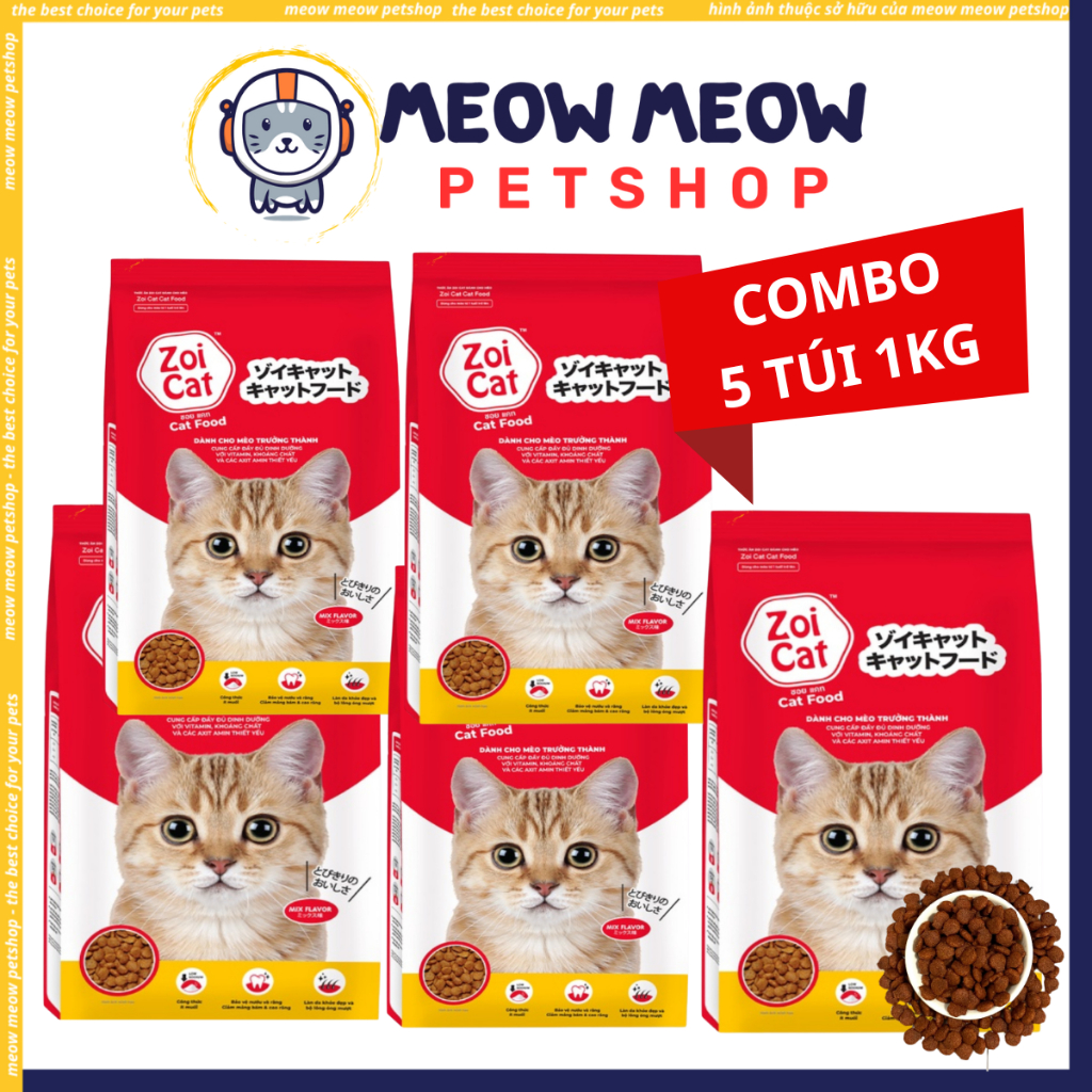 [COMBO 5 TÚI] Hạt cho mèo ZOI CAT TÚI 1KG. Thức ăn cho mèo trưởng thành Zoi Cat