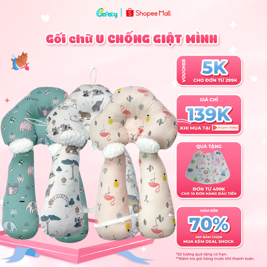 Gối Chữ U Cho Bé Sơ Sinh BAFABY Chống Giật Mình Giảm Bẹp Đầu 3 Dây Rút Điều Chỉnh - 305