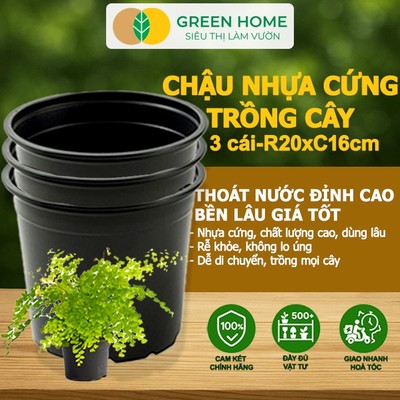 Bộ 3 Chậu Trồng Cây GreenHome, 20x16cm, Nhựa Cứng, Thoát Nước Tốt, Nhiều Kích Thước Trồng Cây, Hoa