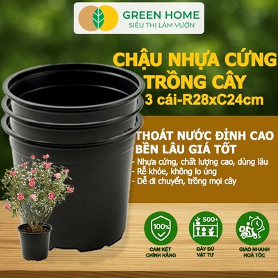 Bộ 3 Chậu Trồng Cây GreenHome, 28x24cm, Nhựa Cứng, Thoát Nước Tốt, Nhiều Kích Thước Trồng Cây, Hoa