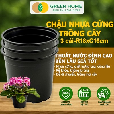 Bộ 3 Chậu Trồng Cây GreenHome, 18x16cm, Nhựa Cứng, Thoát Nước Tốt, Nhiều Kích Thước Trồng Cây, Hoa