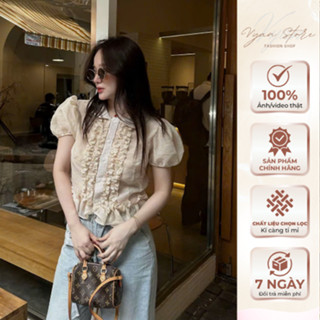 Áo sơ mi tơ tay bồng bèo nhún cổ sen, Áo tơ bèo ly nữ tính, điệu đà - Vyan Store