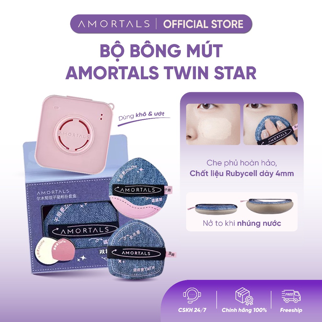 Bông mút Amortals TWIN STARS mút đánh nền thoáng khí đàn hồi cao kèm hộp đựng Cosmetic Mỹ Phẩm Nữ