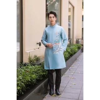 Áo Dài Nam Tafta Trơn Thêu Phong Cảnh – Áo Dài Bảo Long – Cao Cấp – Màu Xanh Baby Blue – Thiết Kế Đình Chùa Tinh Xảo