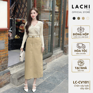 [ TẶNG KHĂN LỤA ] Chân váy kaki jean LACHI nữ dáng dài chữ A công sở xẻ tà cạp cao che bụng tôn dáng bigsize LC-CV101