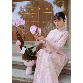  Áo dài kim sa hồng phấn dáng truyền thống suông tay leo dài 