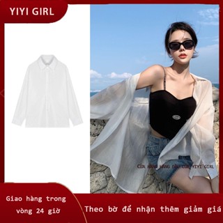 Áo sơ mi nữ dài tay voan mỏng khoác ngoài đi biển oversize nhiều màu, Áo khoác đi biển voan tơ giấy trong suốt YIYI GIRL