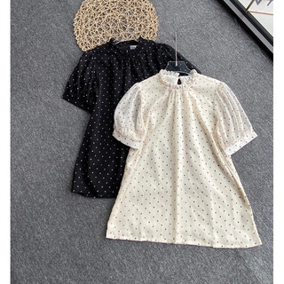 Áo sơ mi chấm bi bèo cổ