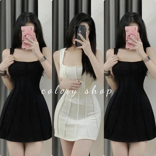 Đầm dây cổ U cúp ngực chỉ nổi Form chữ A Chuẩn shop ( Sẵn mút ) - Colory Shop