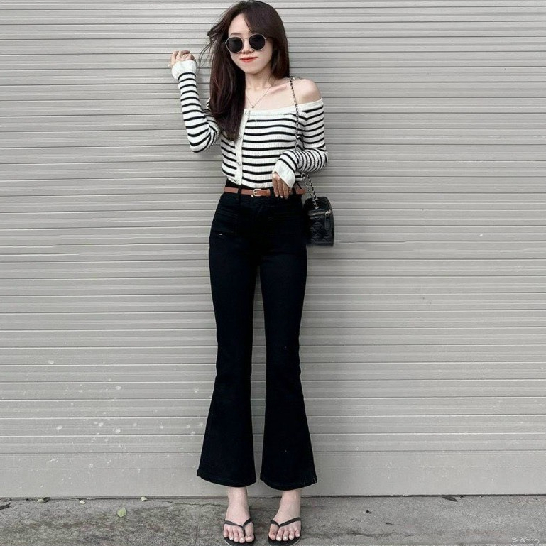 Quần jean ống loe cạp cao bigsize co giãn 4 chiều 4 màu đen, trắng, be, nâu