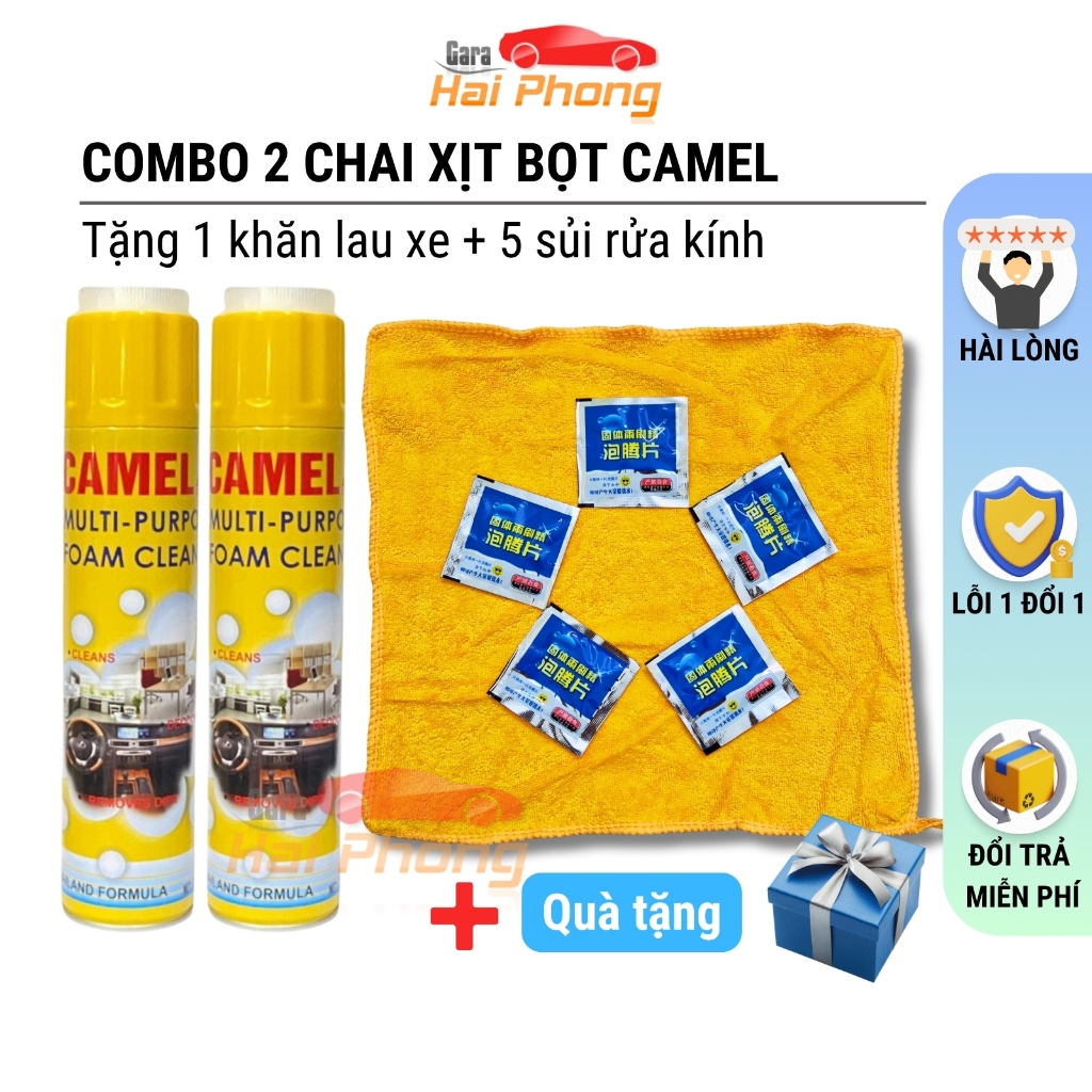 Combo Chai Xịt Bọt Camel Vệ Sinh Nội Thất Ô Tô Đa Năng Foam Cleaner 650ml Màu Vàng Thái Lan