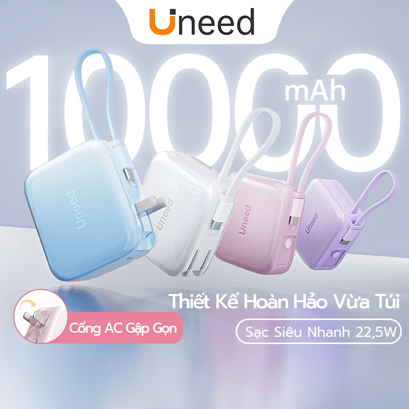 Sạc Dự Phòng Mini Uneed Powerbank 10000mAh, Sạc Nhanh 22.5W, Pin Sạc Type‐C/L, Sạc Dựng Phòng Không Dây