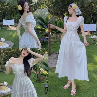  Váy maxi trắng cổ vuông bo chun đan chéo hở lưng tôn dáng chất thô mềm Đầm công chúa dáng dài xoè hàn quốc 