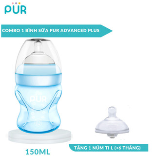 Combo Bình sữa cổ rộng Pur Advanced Plus 150ml (có sẵn núm S 0-3th) + núm lẻ L (L=F)