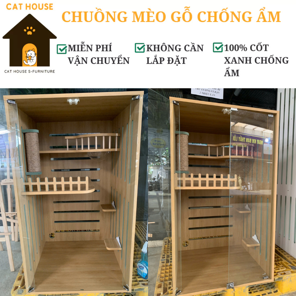 Chuồng mèo gỗ MDF cốt xanh chống ẩm, Nhà mèo, Lồng mèo, Nhà thú cưng giá tại xưởng KHÔNG CẦN LẮP ĐẶT