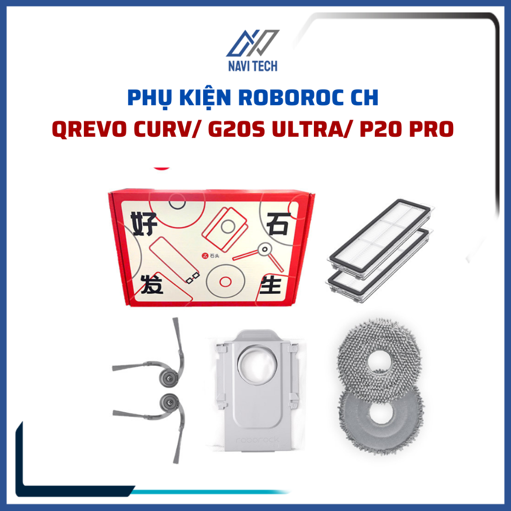 Bộ phụ kiện CH robot Roborock Qrevo Curv, QR798, P20 Pro khăn, lọc, chổi cạnh, túi rác (KCC)