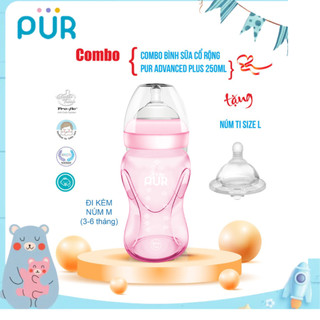Combo Bình sữa cổ rộng Pur Advanced Plus 250ml (có sẵn núm M 3-6th) + núm lẻ size L