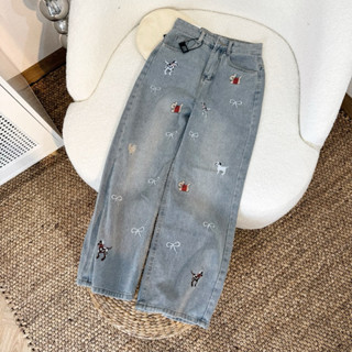 [Q99] Quần jean ống suông thêu hoạ tiết dễ thương lưng cao ống rộng