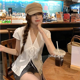 Áo sơ mi nữ ngắn tay cổ V phối ren cột dây nơ phong cách ulzzang Hàn Quốc 24FebStudio AKN0020 419