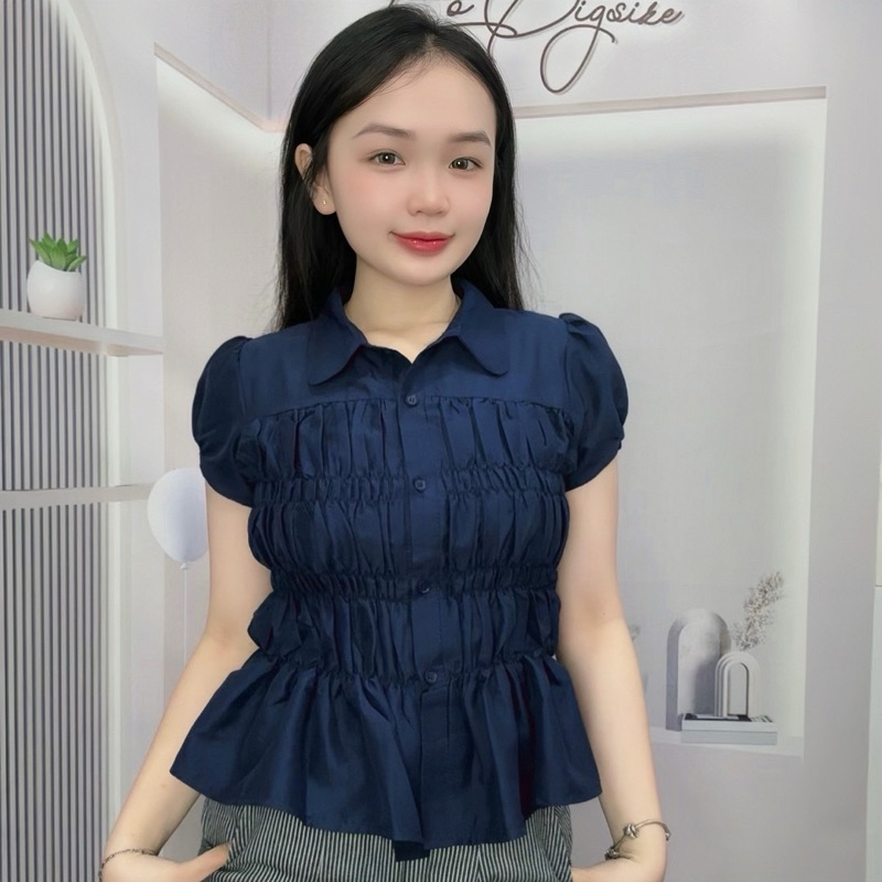 [Hàng loại 1] Áo Sơ Mi Nhún Tay Phồng Nhún Eo Cổ Sen Vải Cotton Mềm Mát_Có bigsize | BigBuy360 - bigbuy360.vn