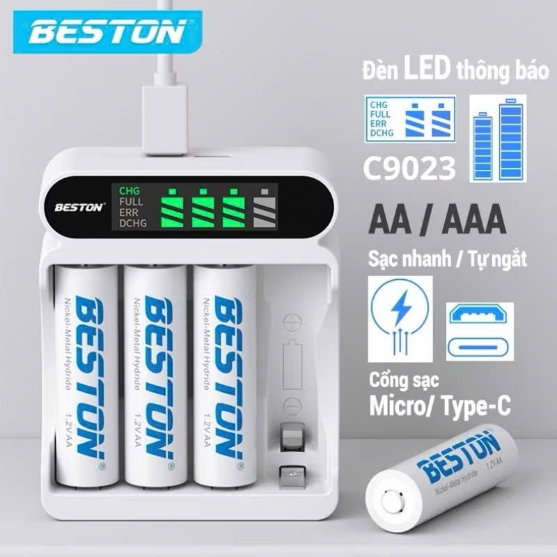 Máy Sạc BESTON C9023L và pin sạc AA (2A) AAA (3A) C8001 - Bộ Sạc thông minh tự ngắt có màn hình LCD