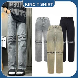 Quần Jean Nam Ống Đứng Thêu Chữ Gối BANGOULUO Màu Xám 001, Quần Jean Baggy Nam Boy Phố Form Suông
