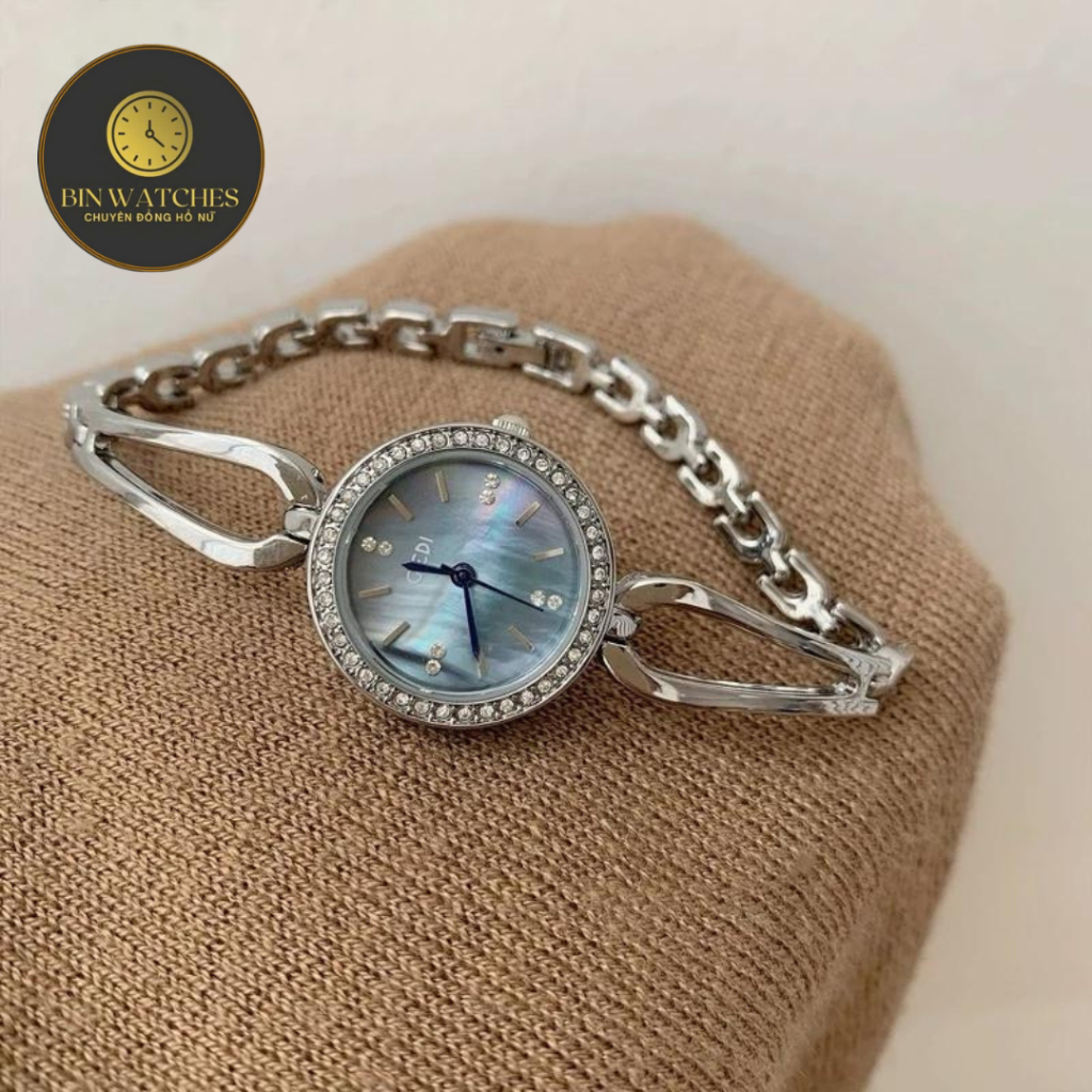 Đồng Hồ Mạ Bạc GEDI 1150 Mặt Tròn Đính Đá Dây Kim Loại Dạng Lắc Thời Trang Cho Nữ