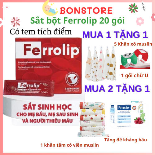 [Tích điểm] Sắt bột,Sắt sinh học Ferrolip liposome bổ sung sắt cho mẹ bầu người thiếu máu hộp 20gói