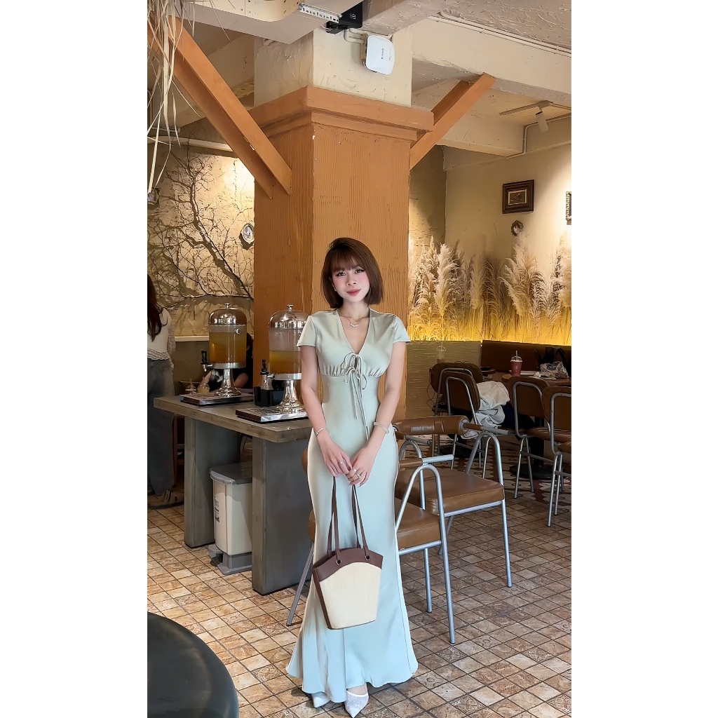 Đầm lụa cổ tim có tay thắt nơ ( 7207 ) chất lụa tô châu mềm mịn, form lài đuôi cá tôn dáng, có khóa kéo bên hông | BigBuy360 - bigbuy360.vn