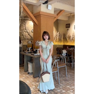  Đầm lụa cổ tim có tay thắt nơ   7207   chất lụa tô châu mềm mịn form lài đuôi cá tôn dáng có khóa kéo bên hông 