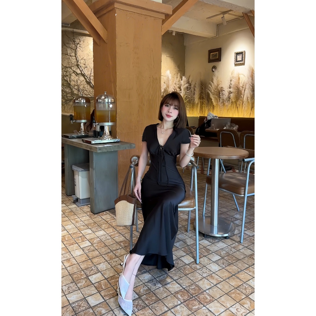 Đầm lụa cổ tim có tay thắt nơ ( 7207 ) chất lụa tô châu mềm mịn, form lài đuôi cá tôn dáng, có khóa kéo bên hông | BigBuy360 - bigbuy360.vn